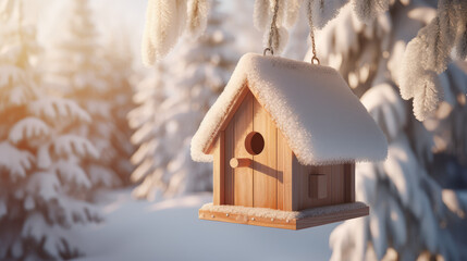 Cute minimal style wooden Birdhouse on tree in sunny winter day. Homemade bird feeder, care about birds in cold winter time. - obrazy, fototapety, plakaty