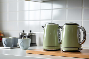 Electric green kettle and tea or coffee cups on the table in a modern kitchen in light colors. Modern Tea set for quick preparation of hot drinks.