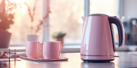 Electric pastel color kettle and tea or coffee cups on the table in a modern kitchen in light colors. Modern Tea set for quick preparation of hot drinks. - obrazy, fototapety, plakaty
