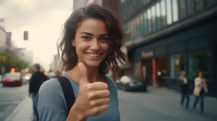 Portrait of smiling curly young woman showing thumb up against city street background. Youth, energy, city life.