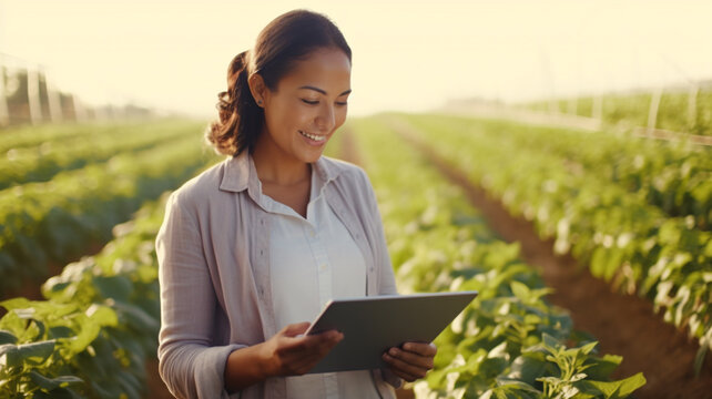 Research or agriculture woman holding tablet on farm for sustainability, production or industry growth analysis.