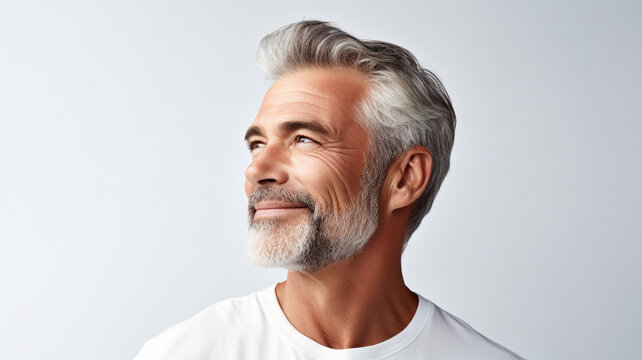 Side View Attractive Gorgeous Mature Older Man Looking At Camera Isolated On White Background Advertising Skincare Spa Treatment. Mid Age Tightening Face Skin Care Rejuvenation Cosmetics Concept.