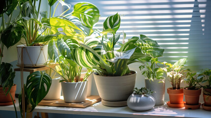 Variety of houseplants in pots on window sill at home