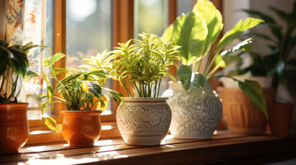 Plants in pots on window sill, closeup. Interior design