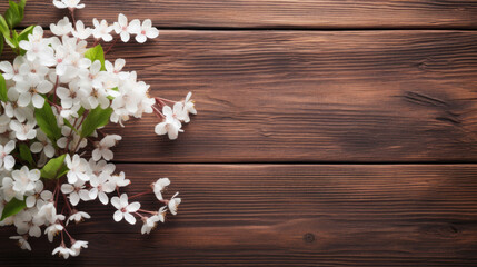 Fototapeta na wymiar Cherry blossom flowers on brown wooden table. Top view with copy space