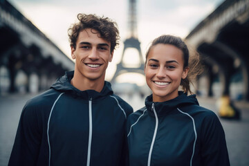 Young pair of athletes Olympians from the national team pose against the Eiffel Tower.Paris...