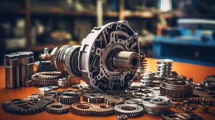 Fotobehang Disassembled car automatic transmission gear technology at garage repair factory. Mechanical engineer concept. Generative AI © Alpa
