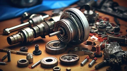 Fotobehang Disassembled car automatic transmission gear technology at garage repair factory. Mechanical engineer concept. Generative AI © Alpa