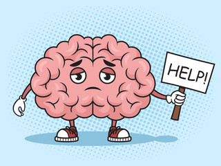 Sad sick anatomical brain asking for help pop art retro hand drawn vector illustration. Comic book style imitation.