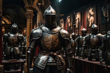 Imposing display of medieval weaponry and armor in an ancient royal armory - reflecting historic military regalia and knightly heritage.
