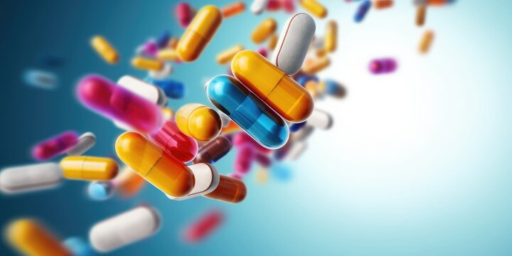 A variety of pills and vitamins levitate against a bright background. Medicine, medicines. 