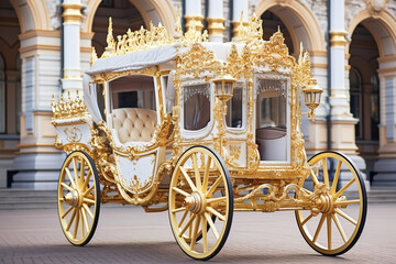 Ornate royal carriage in an ancient city street - representing the opulence and grandeur of historic royal transportation.