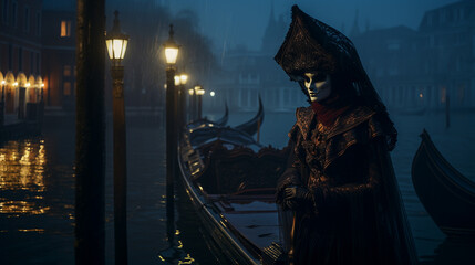 Masked Venetian character on a gondola on a rainy night