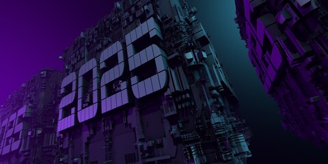 new year digital cube background 2025 with futuristic circuit board structure, 3D rendering