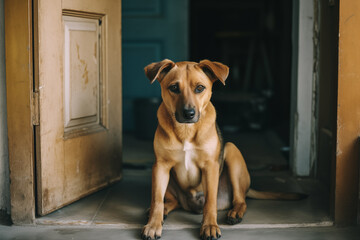 A young brown purebred domestic adopted dog sits by the door in his new home