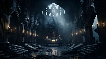 Majestic gothic dark fantasy castle hall with throne and torches, perfect for fantasy settings