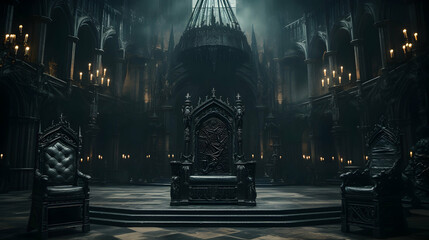 Majestic gothic dark fantasy castle hall with throne and torches, perfect for fantasy settings - Powered by Adobe