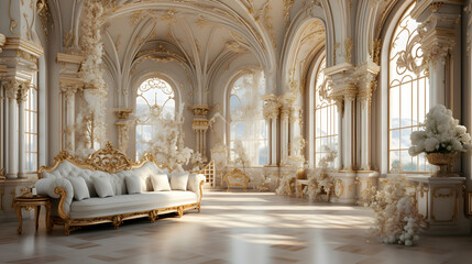 Luxury baroque-style castle lobby with elegant floral arrangements, bathed in natural light