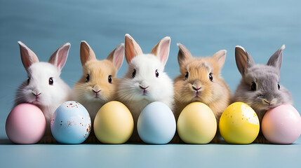 Adorable bunnies with pastel Easter eggs, perfect for holiday themes