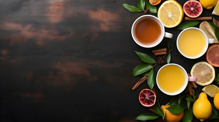 Fresh lemons and ginger on dark wood, perfect for health and culinary themes - obrazy, fototapety, plakaty