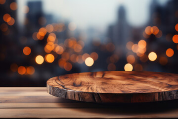 Wooden slatted table with a background of defocused lights. Generative AI. - obrazy, fototapety, plakaty