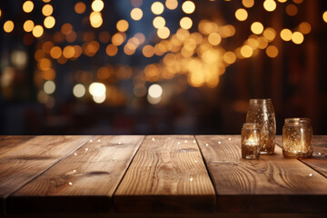 Wooden slatted table with a background of defocused lights. Generative AI. - obrazy, fototapety, plakaty