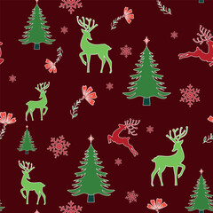 Seamless pattern with Christmas trees, snow, flowers and flat images of deer.