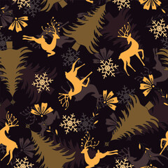 Seamless pattern with Christmas trees, snow, flowers and flat images of deer.