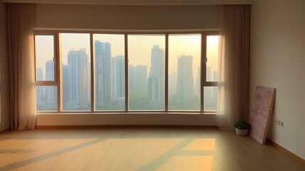 Obraz premium Empty modern room interior with panoramic windows and big city behind. Generative AI