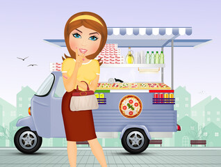 illustration of woman buys the pizza