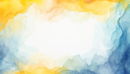 Fototapeta premium Abstract frame made of blue and yellow paint. Watercolor stains on paper or wall. The basis for a banner, postcard
