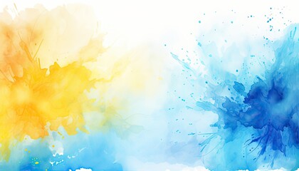 Abstract splashes of blue and yellow paint. Watercolor stains on paper or wall. The basis for a banner, postcard - obrazy, fototapety, plakaty