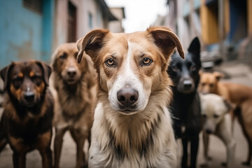 A gang of stray dogs. Half-a-dozen stray street dogs roaming in a residential area