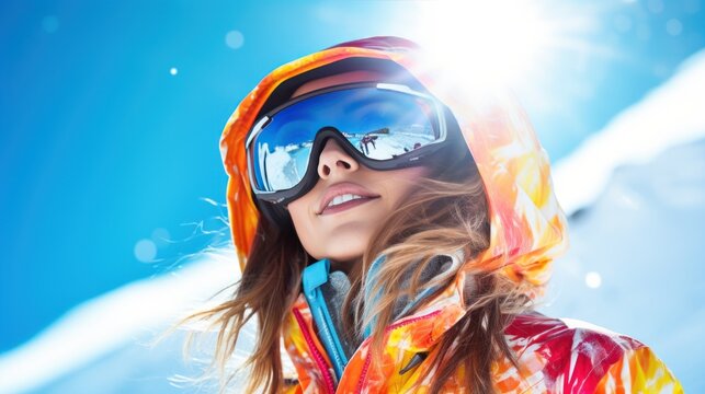 Portrait of smiling female skier with goggles on blue sky background on sunny winter day. Woman with ski goggles and colorful clothing. Fashion winter vacations concept.