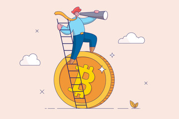 Cryptocurrency investment concept. Vision to discover high profit bitcoin or crypto coin, future growth or best performance token, businessman with telescope climb up crypto coin to see opportunity.