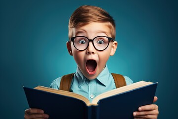 Surprised little boy in glasses with backpack reading book on blue background. Back to school concept
