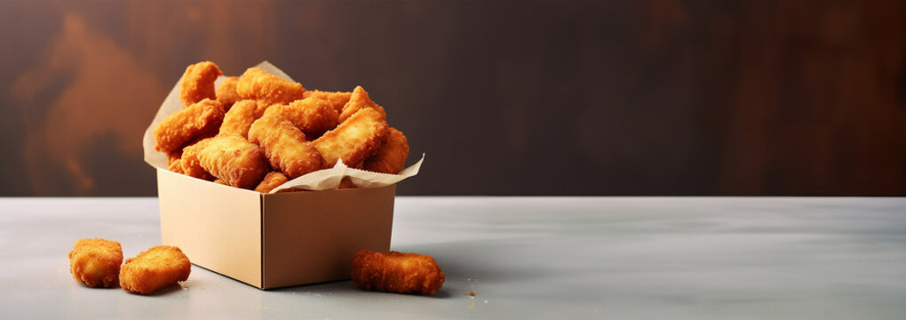 Chicken nuggets in cardboard box food delivery service. Fried chicken legs in cardboard box package fast food take away delivery illustration. Crispy appetizing golden poultry limbs hot crunchy nugget