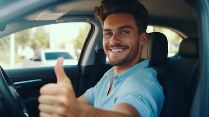Happy young handsome man smiling and showing thumbs up in his car, satisfied driver man showing thumb up