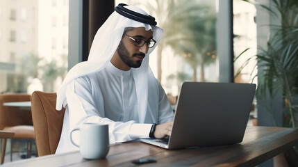 Arabic businessman sitting in outdoor restaurant working online with laptop computer. Middle eastern man business manager using laptop, Concept of business, finance, modern technologies - Powered by Adobe