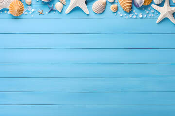 Beach accessories on blue wooden background. Summer beach holiday.