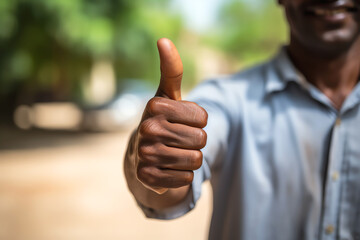 african man showing thumbs up blurred bokeh background