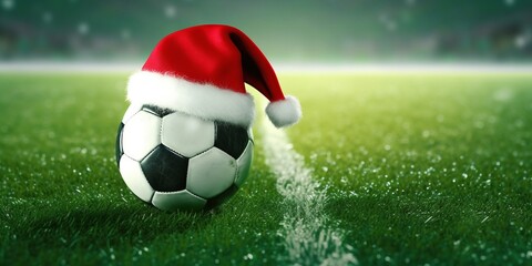 Close up of soccer ball with santa hat at the football field. White line on green grass. - obrazy, fototapety, plakaty