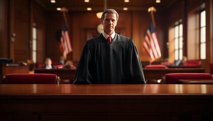 portrait of the American chief justice in the courtroom against the background of the American flag. sentencing of the defendant. - obrazy, fototapety, plakaty