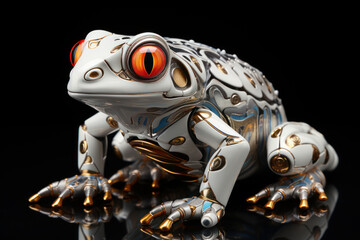Artwork of a simple liquid metal frog and white background. Generative AI.