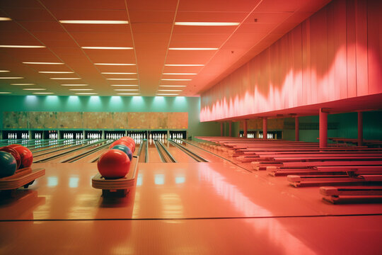 Pixelated image of a bowling alley, featuring bowlers in vintage pixel graphics enjoying a game.