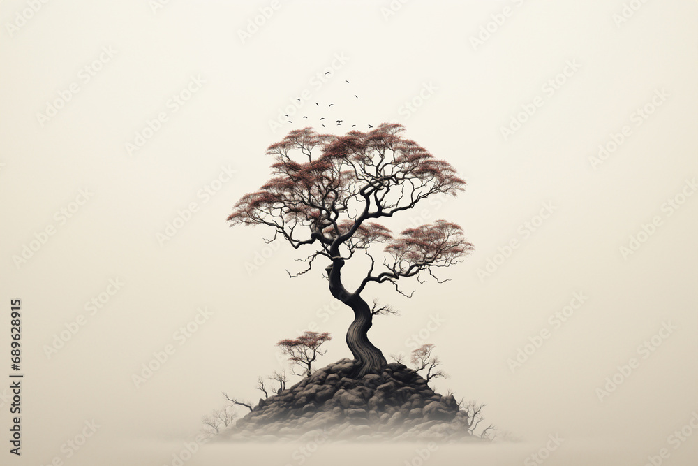 Poster elegant pixel art portraying the silhouette of a tree, embracing simplicity in a minimalist design.