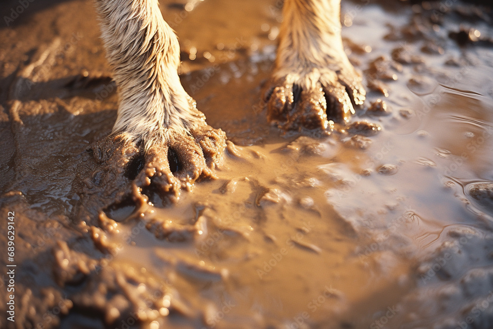 Aufkleber Dynamic shot capturing the imprint of paw prints in wet mud, conveying a sense of movement and spontaneity.