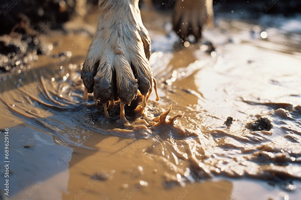 Aufkleber Dynamic shot capturing the imprint of paw prints in wet mud, conveying a sense of movement and spontaneity.