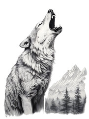Fototapeta premium Lone wolf howling, monochrome art, wildlife call, powerful, isolated on white background