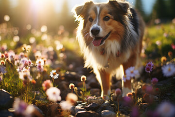 Enchanting photograph featuring dog paw prints amid a field of wildflowers, celebrating the joy of outdoor exploration.